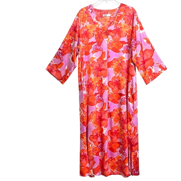 Natori Other - Natori Hibiscus Satin Caftan Womens M Multicolor NEW Floral Loungewear Robe